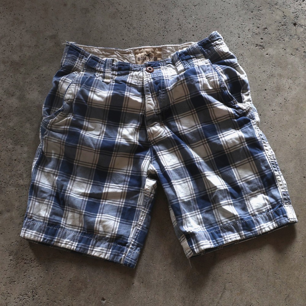 Y2K Hollister California Plaid Cargo Shorts Mens Size 30 Blue Grey Button Fly